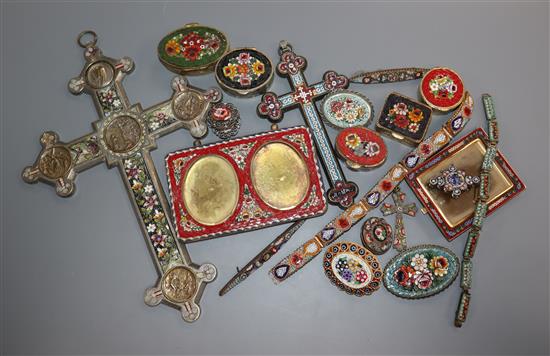 A quantity of base metal and micro mosaic pieces including photograph frames, pill box, crosses and brooches.